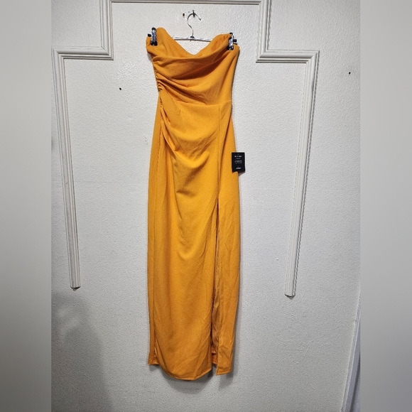 Lulus Malia Golden Yellow Ruched Strapless Maxi Dress XS Wedding Party Prom - Picture 6 of 9